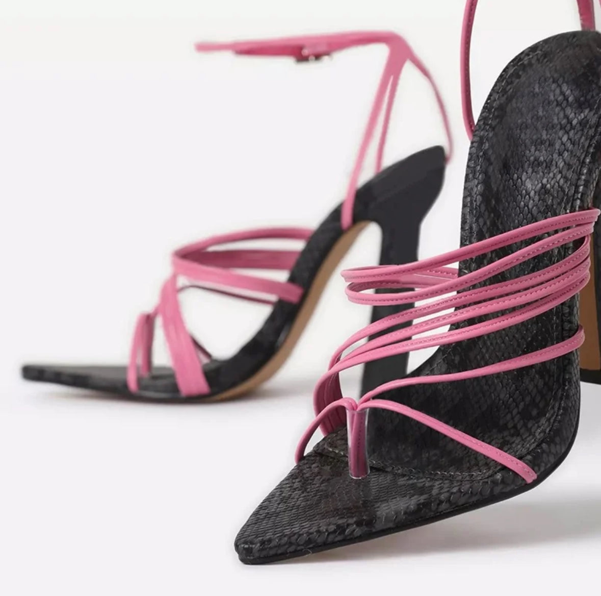 Black Python & Pink Strappy Chunky Heel Sandals