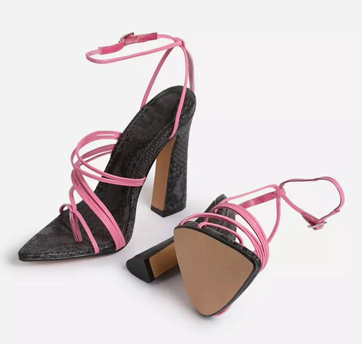 Black Python & Pink Strappy Chunky Heel Sandals