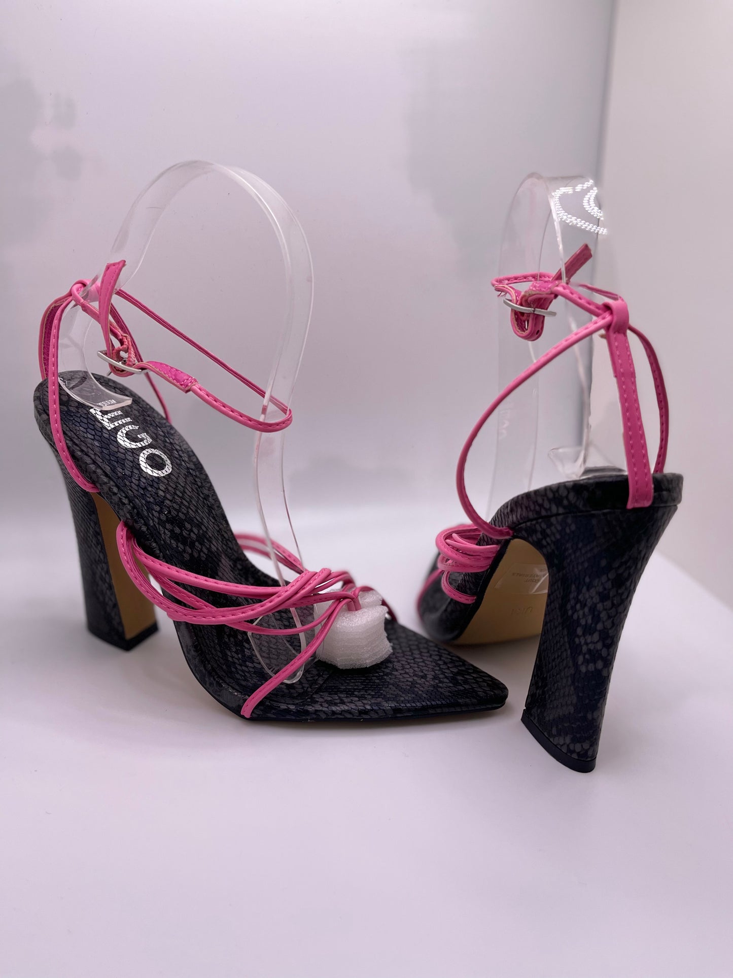 Black Python & Pink Strappy Chunky Heel Sandals