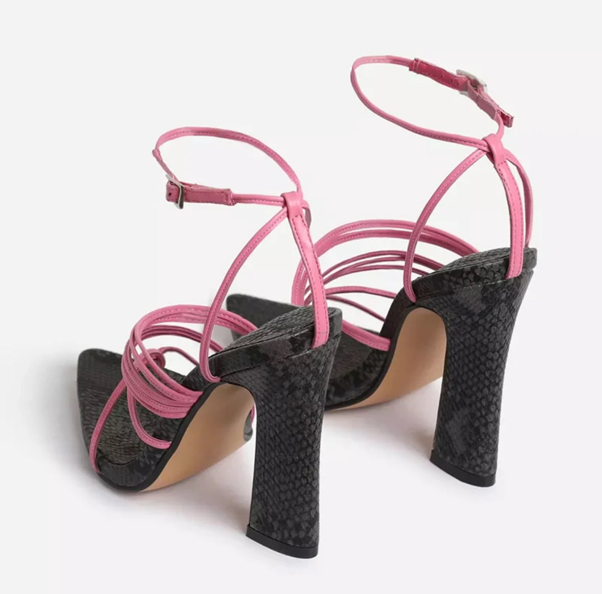 Black Python & Pink Strappy Chunky Heel Sandals